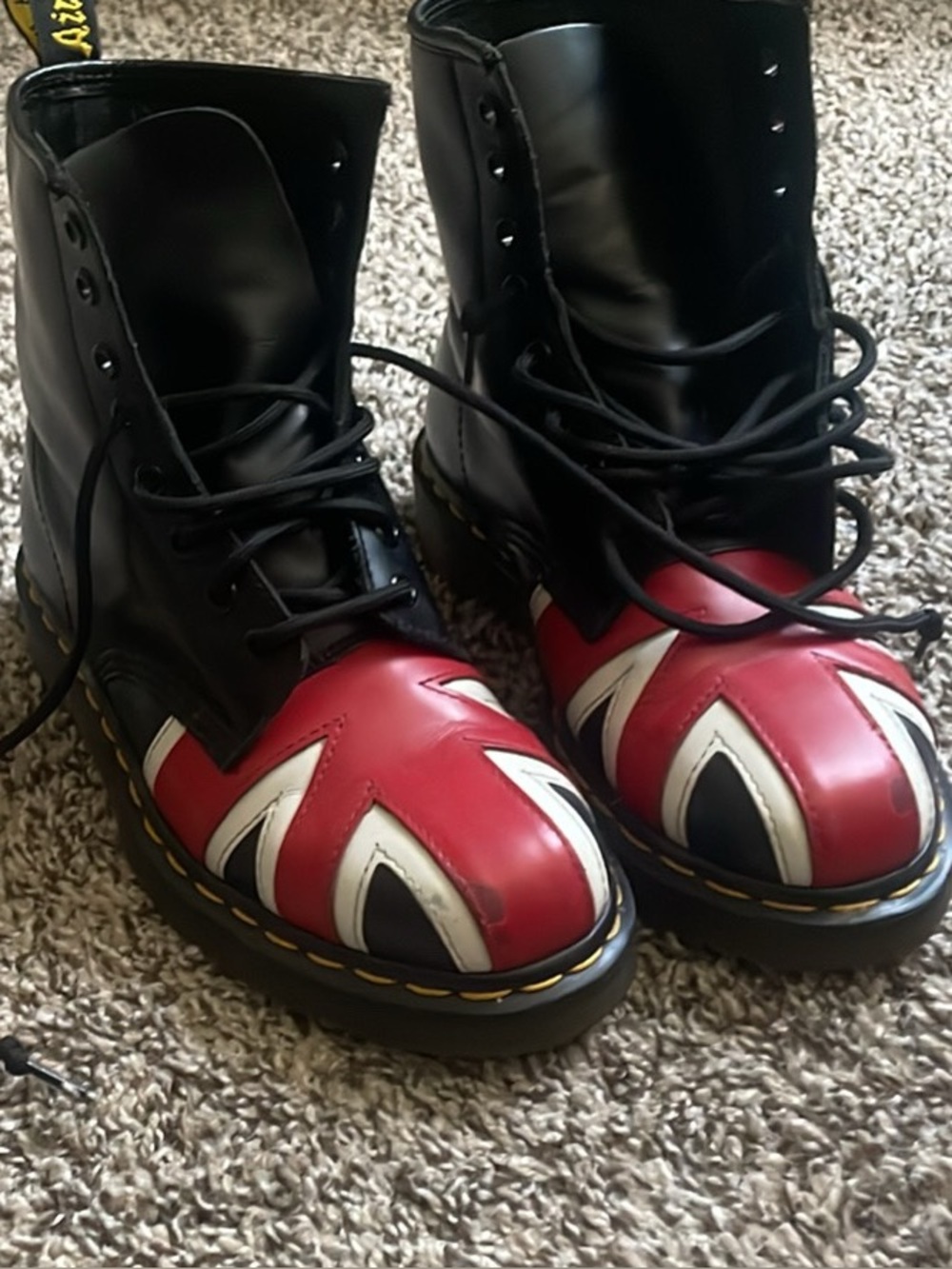 Dr. Martens Black Leather Combat Boots with Red, White & Black Union Jack Toe